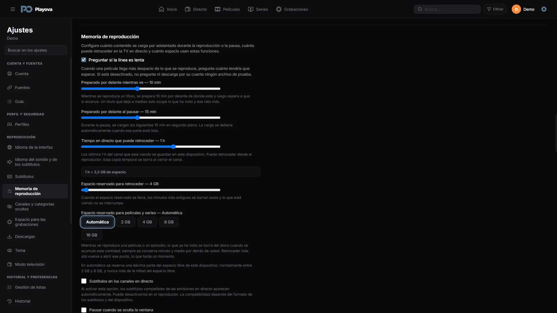 Opciones del búfer
